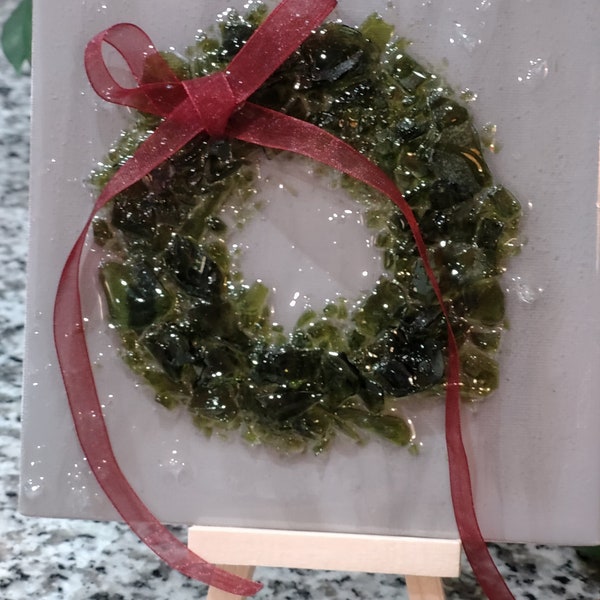 WREATH-HOLIDAY DECOR created with crushed glass sourced from Recycled Glass Wine Bottles