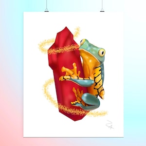 May include: A green and yellow frog with black stripes climbs a large red crystal. The crystal is surrounded by a swirl of gold glitter.