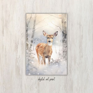 Snowy Forest Landscape Art Print, Winter Woodland, Deer Wall Art Printable, Snowy Winter, Home Decor Printable