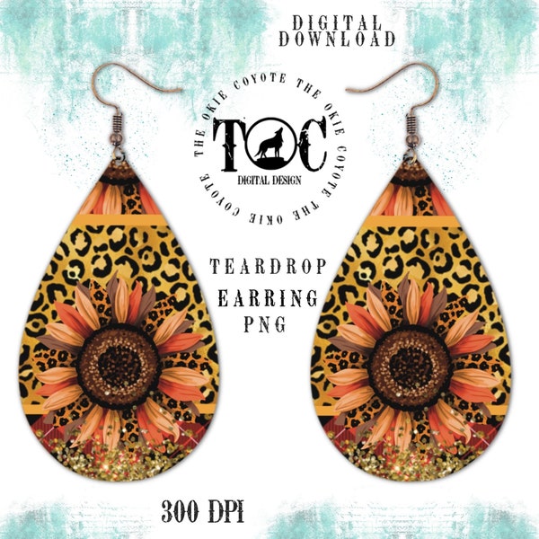 Teardrop Earring PNG, Colorful Fall Earring Design, Nature Inspired Sublimation PNG, Sunflower Fall Earrings, Digital Download
