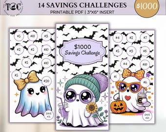 May include: Printable PDF savings challenge inserts. The inserts feature cute ghost characters with bows, sunglasses, and drinks. The text reads "14 Savings Challenges" and "$1000 Savings Challenge". The insert size is 3" x 6".