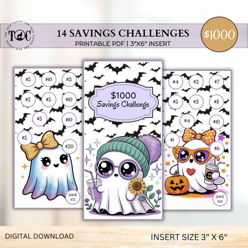 May include: Printable PDF savings challenge inserts. The inserts feature cute ghost characters with bows, sunglasses, and drinks. The text reads "14 Savings Challenges" and "$1000 Savings Challenge". The insert size is 3" x 6".