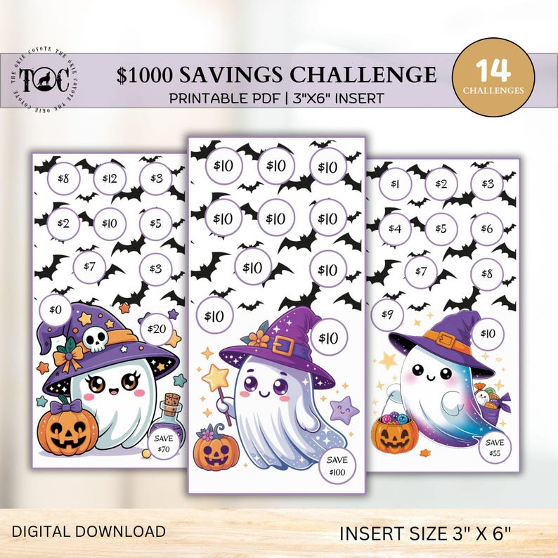 May include: A printable PDF $1000 savings challenge insert with a Halloween theme. The insert features three cards with illustrations of ghosts, pumpkins, and bats. Each card has circles to track savings. The insert size is 3" x 6".