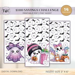 May include: Printable PDF savings challenge inserts with a Halloween theme. Each insert features a cute ghost character and savings goals. The inserts are 3" x 6" and designed to help save $1000. Includes 14 challenges.