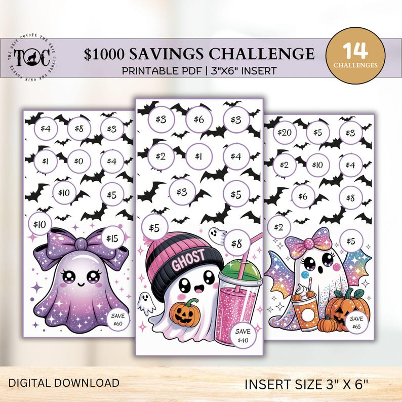 May include: Printable PDF savings challenge inserts with a Halloween theme. Each insert features a cute ghost character and savings goals. The inserts are 3" x 6" and designed to help save $1000. Includes 14 challenges.