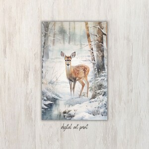 Snowy Forest Landscape Art Print, Winter Woodland, Deer Wall Art Printable, Snowy Winter, Home Decor Printable