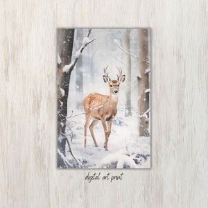 Snowy Forest Landscape Art Print, Winter Woodland, Deer Wall Art Printable, Snowy Winter, Home Decor Printable