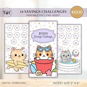 14 Money Savings Challenge Cards | Low Income Budget Printable | 3x6 Cash Envelopes | Digital Download | 1K Small Budget