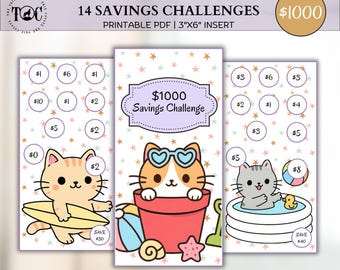 May include: Printable PDF savings challenge inserts. The design features three cards with illustrations of cartoon cats, beach balls, and a surfboard. The text reads "14 Savings Challenges" and "$1000 Savings Challenge". The insert size is 3" x 6".