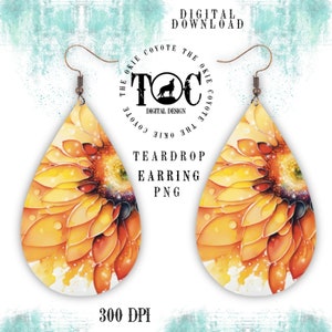 PNG Teardrop Earring Design, Sublimation PNG Template, Digital Download, Watercolor Floral Boho Sunflower