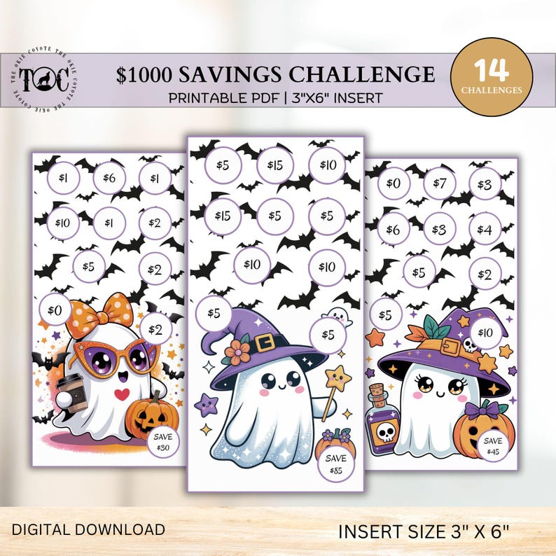 May include: Three Halloween-themed savings challenge inserts. Each insert features a ghost character with a pumpkin, a witch hat, and a bat background. The inserts are 3" x 6" and designed for a $1000 savings challenge. Text includes "$1000 Savings Challenge" and "Digital Download".