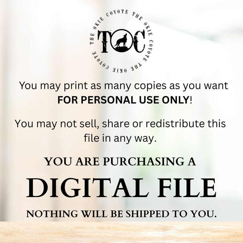 May include: A digital file purchase announcement with the text "You are purchasing a digital file" and "Nothing will be shipped to you." The image includes a circular logo with a coyote silhouette.