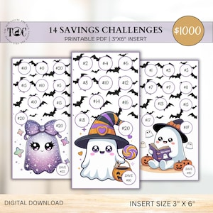 May include: Three Halloween-themed savings challenges with cute ghost illustrations. Each card features a different design with amounts to save, ranging from $0 to $20. The cards are labeled "14 Savings Challenges" and are 3" x 6" inserts. The total savings goal is $1000.