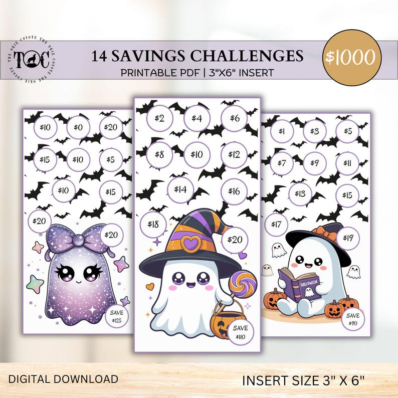 May include: Three Halloween-themed savings challenges with cute ghost illustrations. Each card features a different design with amounts to save, ranging from $0 to $20. The cards are labeled "14 Savings Challenges" and are 3" x 6" inserts. The total savings goal is $1000.