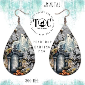 Graveyard Ghost Teardrop Earring Template, PNG, Digital Download, Sublimation Design, October, Halloween Earrings