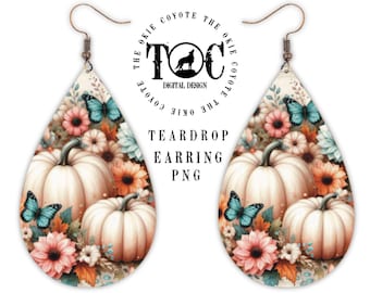 Boho Floral Pumpkin Sublimation Teardrop Earring Design | PNG | Digital Download | Fall Printable