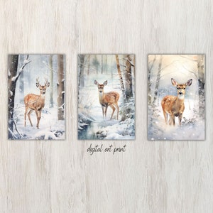 Snowy Forest Landscape Art Print, Winter Woodland, Deer Wall Art Printable, Snowy Winter, Home Decor Printable