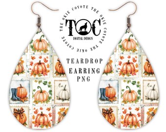 Boho Floral Pumpkin Sublimation Teardrop Earring Design | PNG | Digital Download | Fall Printable