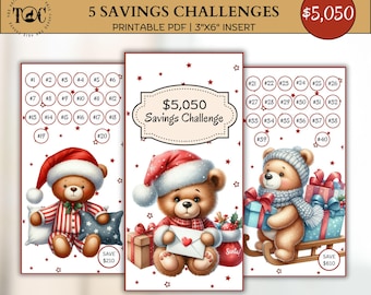 May include: Printable PDF savings challenge inserts with a Christmas theme. The inserts feature illustrations of teddy bears in Santa hats and winter attire. Each insert is 3" x 6" and includes a savings goal of $5,050.