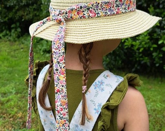 Chapeau de paille pour fille, Chapeau de soleil, Canotier, Chapeau de paille pour enfant, Papier pour carabine, Tissu Liberty, Chapeau d'été, Chapeau pour fille