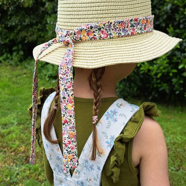 Chapeau de paille pour filles, chapeau de soleil, canotier, chapeau de paille pour enfants, papier de fusil, tissu Liberty, chapeau d'été, chapeau de filles