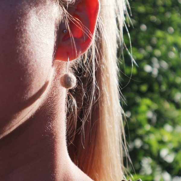 A Pair of 100% Natural Wool and sustainably sourced Sterling silver hoop felt ball earrings. Free Gift Box. Gift For Her Or Him