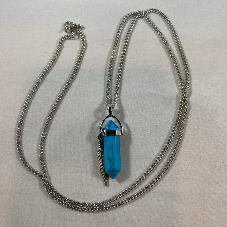 Turquoise Pendant with Silver Feather Charm