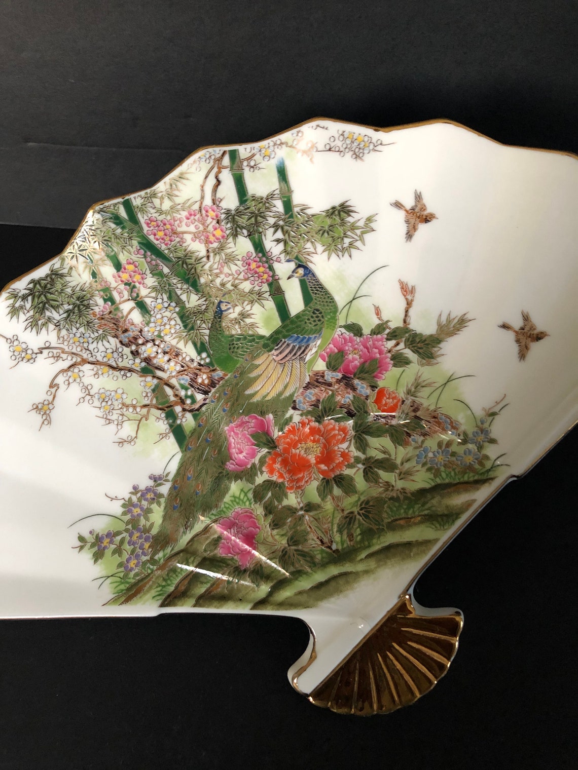 Vintage Yamaji Porcelain Fan Dish Peacocks Etsy
