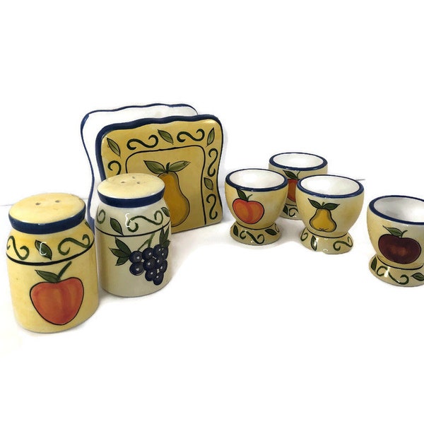 Tuscan Style Handpainted Napkin Holder, Salt & Pepper and Egg Cups Set