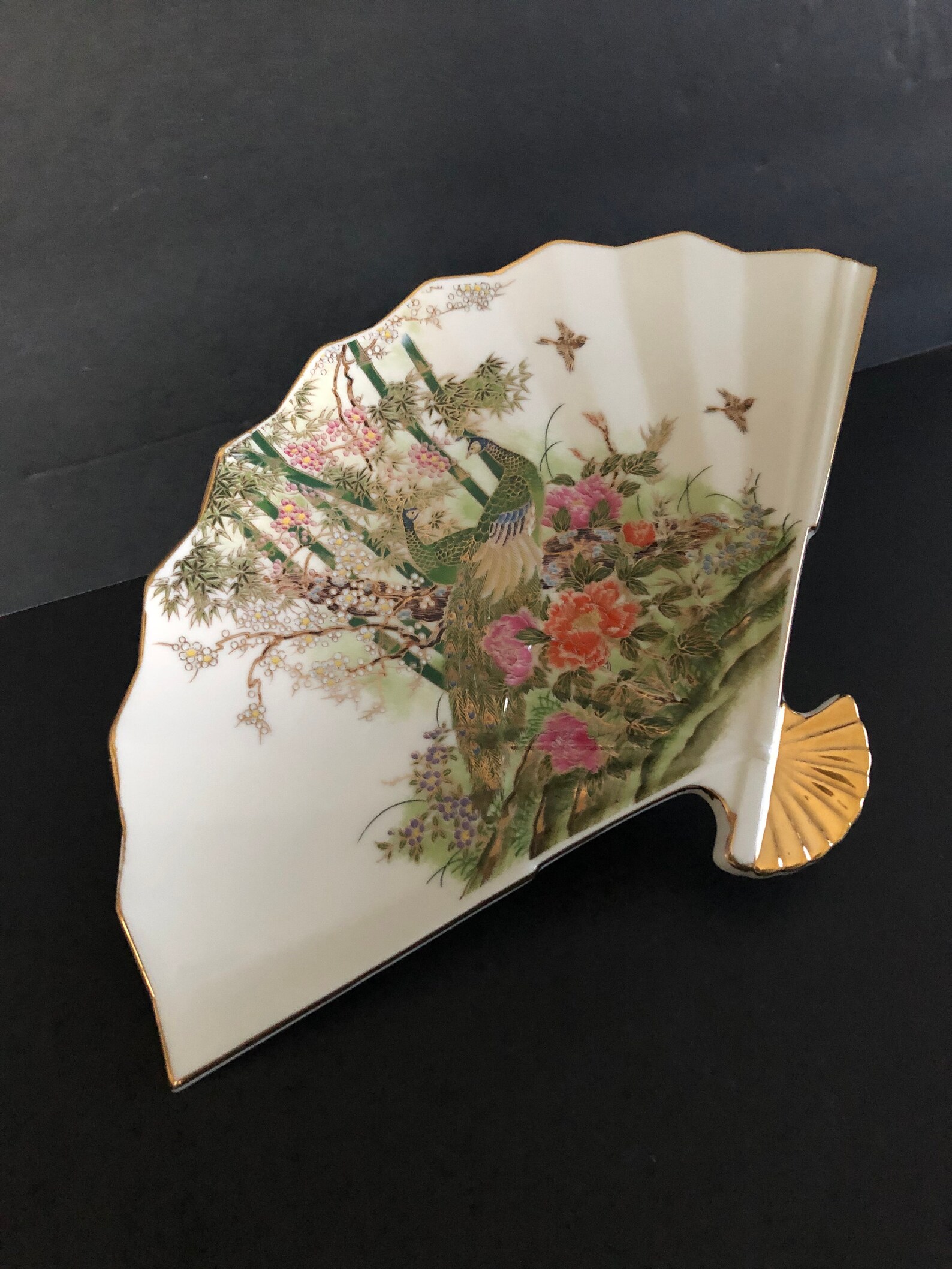 Vintage Yamaji Porcelain Fan Dish Peacocks Etsy