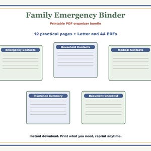 Family Emergency Binder Printable, Important Documents Organizer, Medical Contacts, Home Info Digital Download