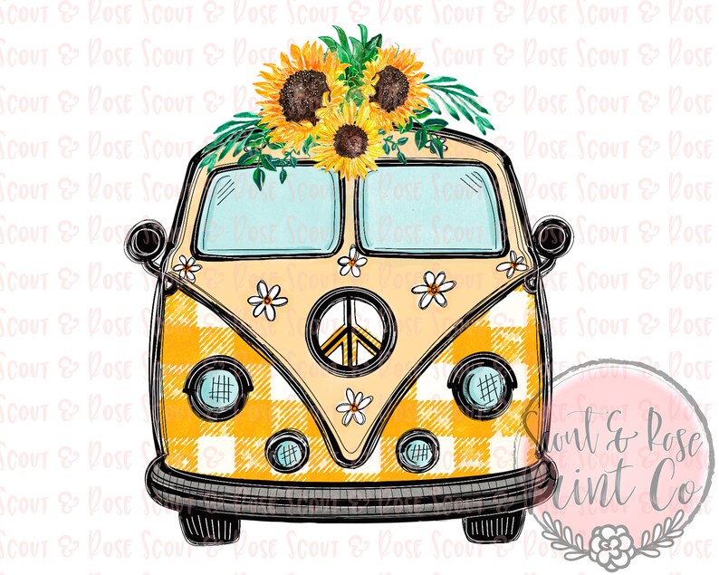 Hippie bus png vintage van png van sublimation sunflower | Etsy