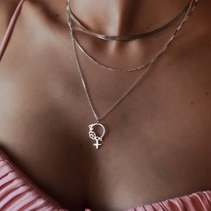 Sterling Silver Feminist Woman Necklace | Female Sign Necklace | Feminist Gift for Her, Sisters, Best Friends | Minimalist Dainty Jewelry