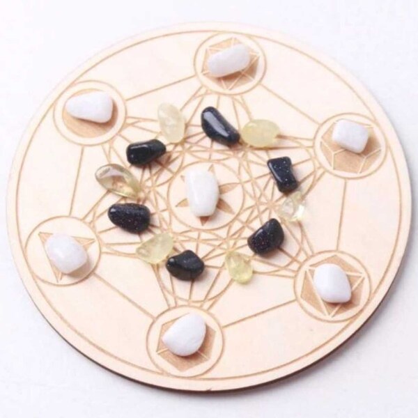 Wooden Crystal Grid Board Set, Moonstone, Citrine, Sandstone, 4 inch