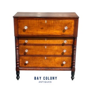 Antique Federal Period Tiger Maple & Cherry Spool Turned Tall Chest / Dresser