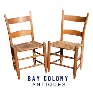 19th Century Antique Country Primitive Pair Of Windsor Thumb Back Chairs W/ Splint Seats