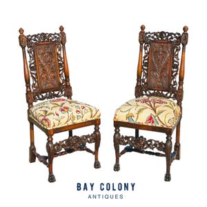 Pair of Antique Victorian Renaissance Revival Walnut Pierced Carved Side Chairs