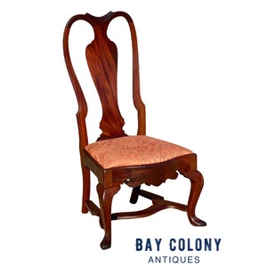 20th Century Queen Anne Antique Style Boston Mahogany Side Chair W/ Flat Stretchers