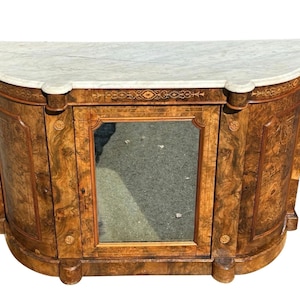 Victorian Burled Walnut & Marquetry Inlaid Marble Top Console With Mirrored Door