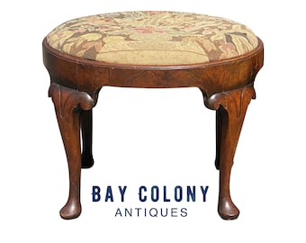 18th Century Antique Queen Anne Walnut Footstool With Floral Needlepoint Seat