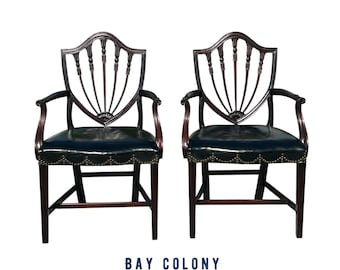 Pair of Antique Federal Style Mahogany Shieldback Arm Chairs With Leather Seats