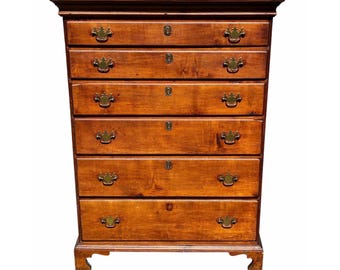 Antique New England Chippendale Chestnut Six Drawer Tall Chest on Bracket Feet