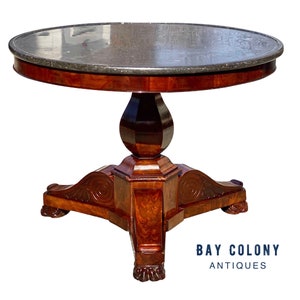Antique Empire Mahogany Round Parlor Table With Marble Dish Top