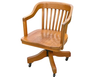 Antique Victorian Oak Bank of England Arm Chair With Curved Seat & Caster Wheels
