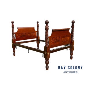 Early American Antique Federal Period Mahogany Acanthus & Pomegranate Carved Bed