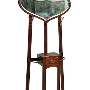 Antique Art Nouveau Mahogany Hall Tree With Rare Heart Shaped Beveled Mirror