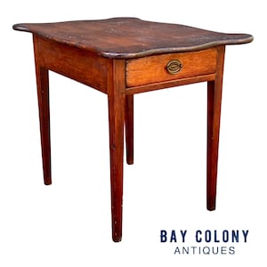 Antique Hepplewhite New England Pine One Drawer Table W/ Serpentine Top