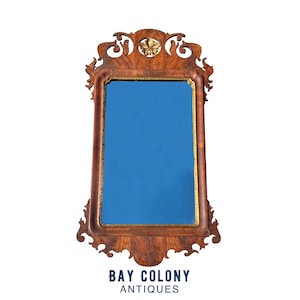 Chippendale Antique Style Mahogany Wall Mirror With Gold Accents & Craved Crest
