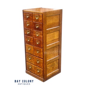 Antique Arts & Crafts Tiger Oak Raised Panel Fourteen Drawer Index File Cabinet