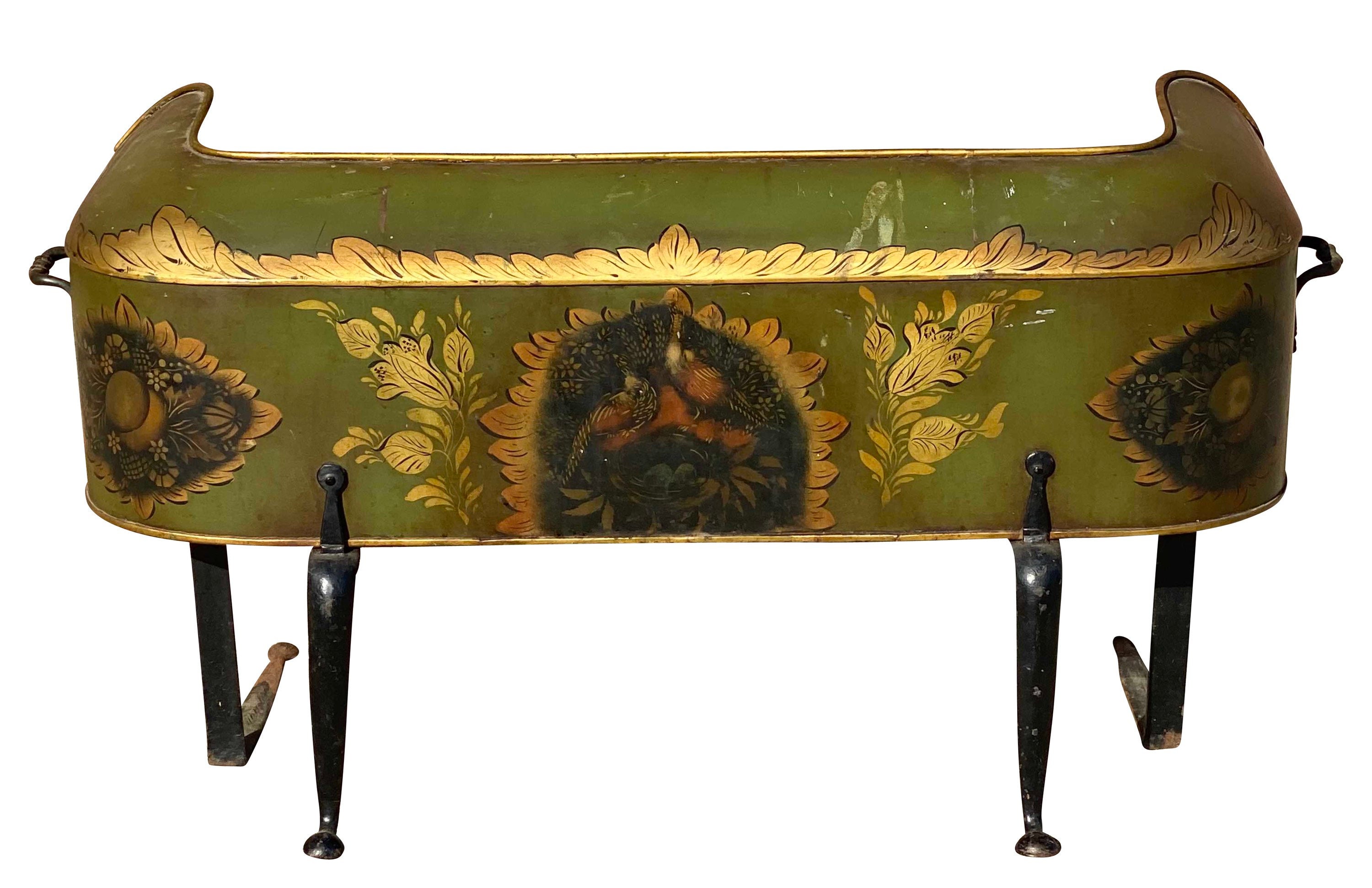 19th Century Antique Green Toleware Fireplace Warmer / Fender With ...